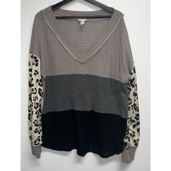 BiBi Tops - Bibi Womens Long Sleeve Waffle Knit Top Size L Leopard Print Stripe V-neck